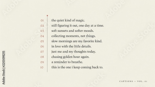 Minimalist list of aesthetic social media captions in elegant typography on cream background. Perfect for lifestyle inspiration, digital content planning, and creative branding.