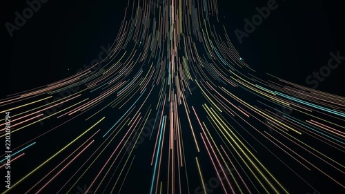 Data stream flowing through digital network pathways moving forward in dark cyberspace background.