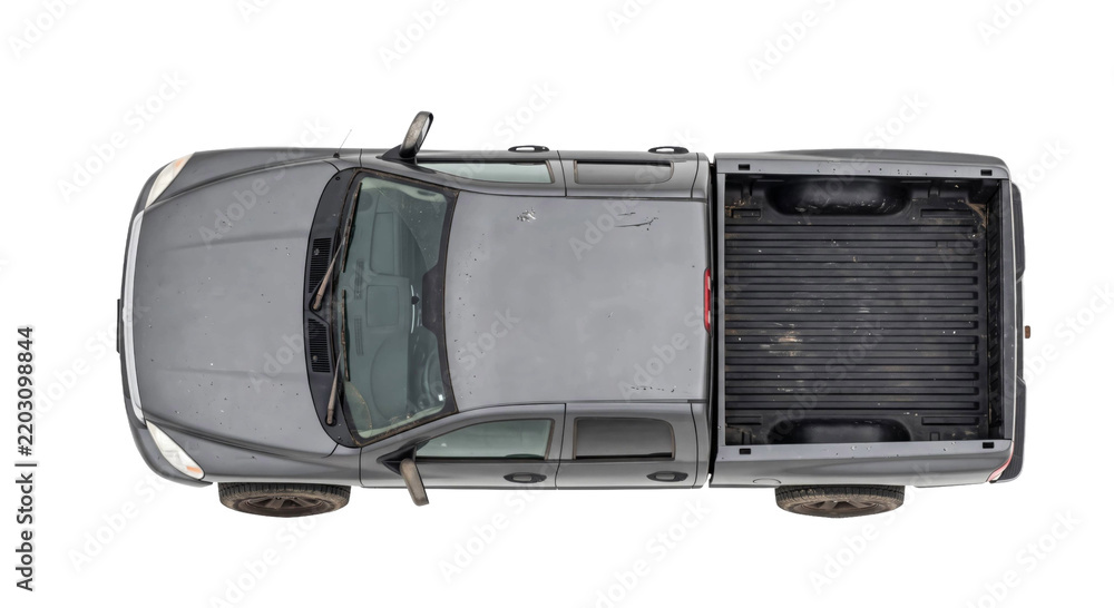 Fototapeta premium Top down view of a dark gray pickup truck isolated on a clean white background for design