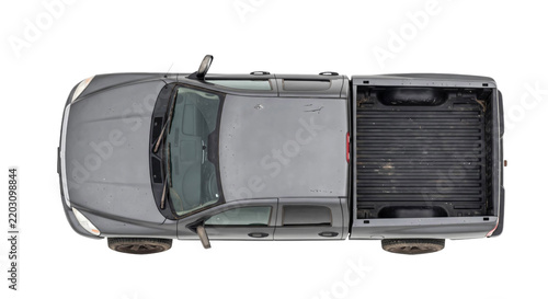 Top down view of a dark gray pickup truck isolated on a clean white background for design