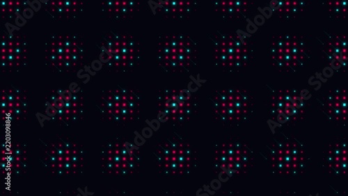 Abstract grid of pulsing red and cyan squares on a dark background creating a seamless loop.