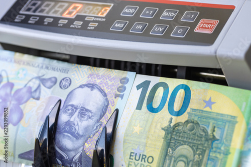 Romanian Leu vs. Euro. Currency exchange rates, Euro to RON. Financial and business concept. Close up