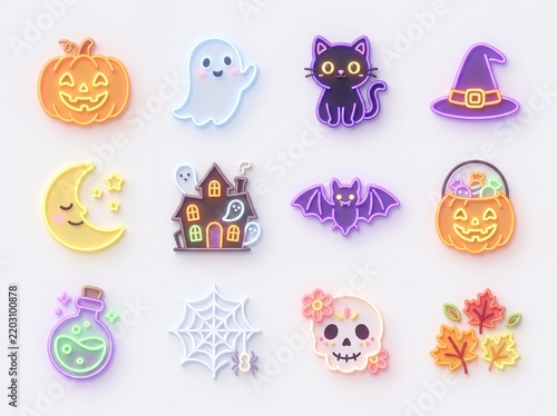 Vibrant Halloween neon icons collection featuring glowing pumpkins cute ghosts black cats witches hats spooky houses flying bats smiling moon spider webs and colorful autumn leaves