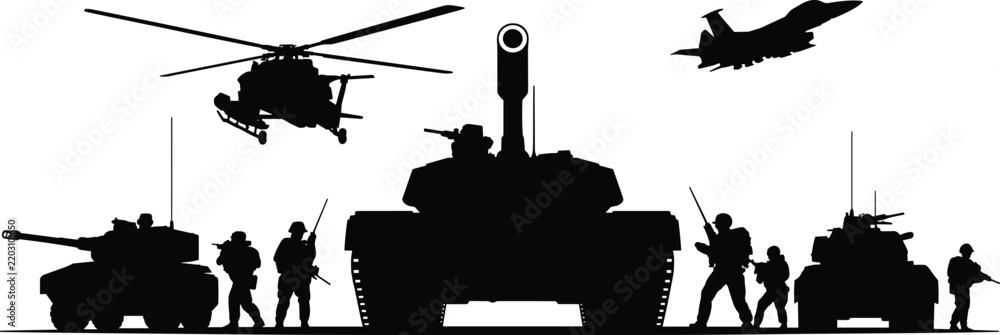 Fototapeta premium Military vehicles and soldiers silhouettes on white background
