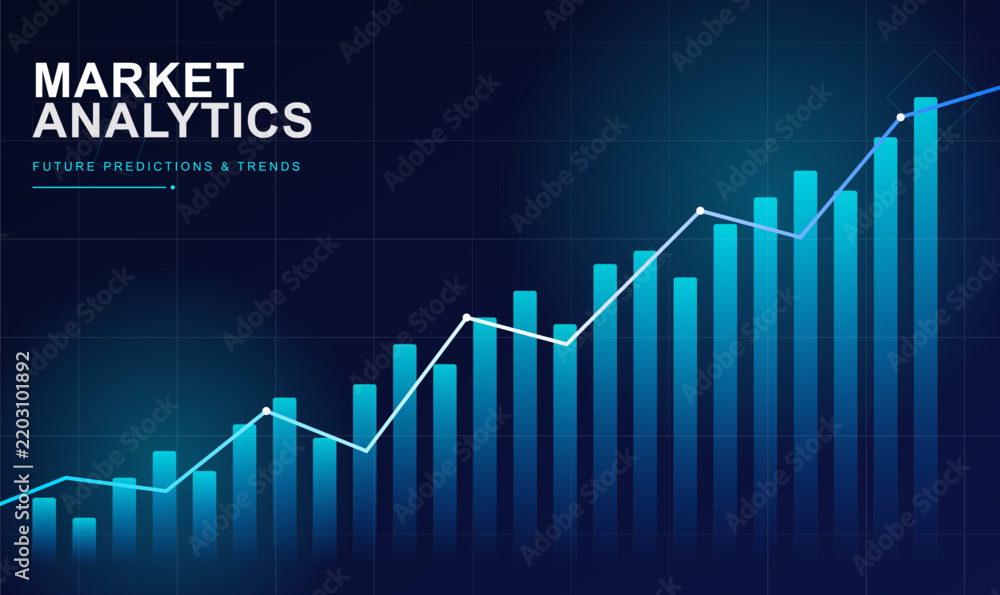 Fototapeta premium Market analytics financial growth chart vector template with dark blue background for business presentation