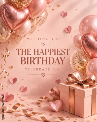 Birthday Celebration Scene With Balloons and Gift Box on a Pink Background