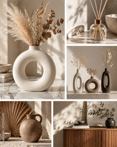 Decorative Vases and Natural Elements on Display in a Well-Lit Interior Setting