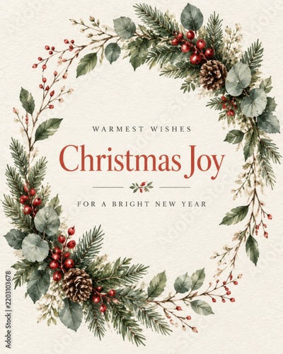 Christmas Joy Wishes Surrounded by Festive Greenery and Decorations