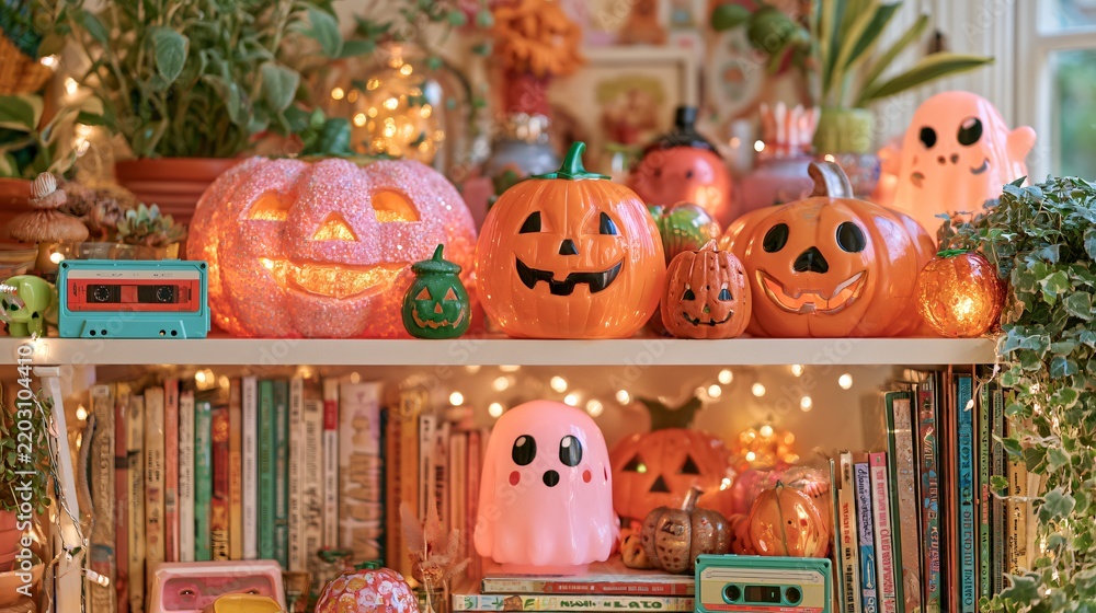 Fototapeta premium Colorful display of pumpkins and retro items for a Halloween celebration