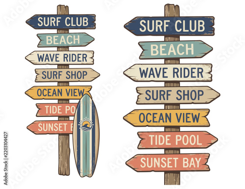 Vintage seaside wooden directional signpost with retro surfboard, handcrafted coastal arrow boards, nautical lettering and distressed beach typography for summer travel designs