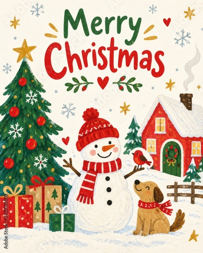 Snowman, Dog, and Christmas Tree With Gifts in Front of a House During Holida...