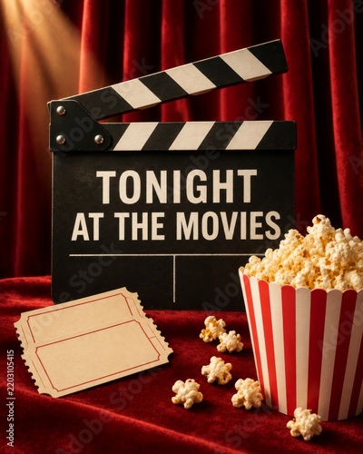Movie Night Setup With Clapperboard, Popcorn, and Tickets on a Red Backdrop