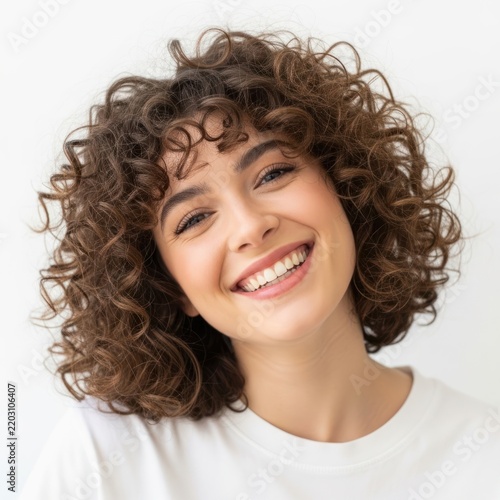Young woman with curly hair smiling brightly