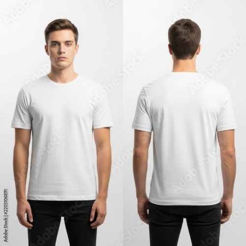 Man wearing plain white t-shirt and dark pants from front and back