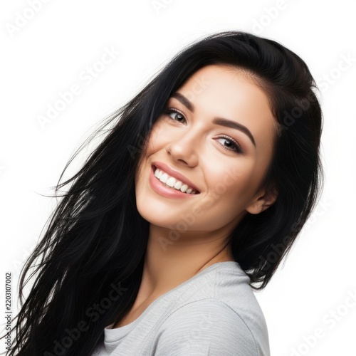 Young woman with long dark hair smiling brightly