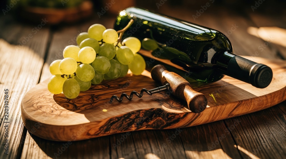 Obraz premium Wine bottle and fresh grapes rest on wooden board with corkscrew. Natural light illuminates table setting, perfect for winery or restaurant decor.