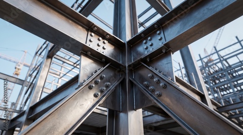 Industrial steel beam framework with strong bolted connections and structural support for modern building architecture, construction industry, engineering design