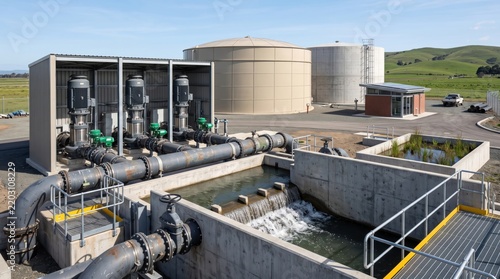 Industrial water treatment plant infrastructure with large pipes and holding tanks under a clear sky, showcasing environmental management and resource sustainability