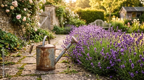 Rustic watering can sits beside a vibrant lavender field and stone pathway in a sun-drenched English garden, evoking peaceful summer evenings and gardening