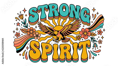 Retro 70s strong spirit eagle illustration with sunburst isolated on transparent background