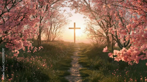 Path leading to cross at sunrise with blooming trees and flowers in a peaceful landscape