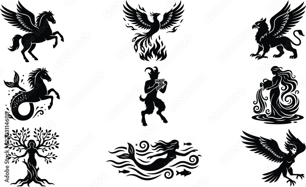 Obraz premium Set of black silhouettes featuring mythical creatures and zodiac symbols isolated on a white background, for fantasy and, astrology themes