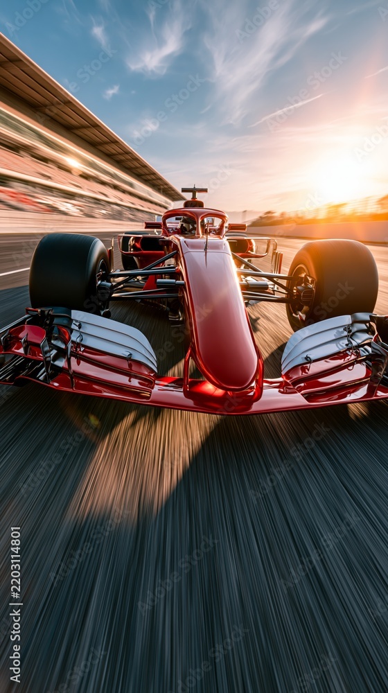 Obraz premium A red Formula 1 race car speeding on a track at sunset, dynamic motion blur, vibrant colors, high-speed racing action, sleek design, professional motorsport.