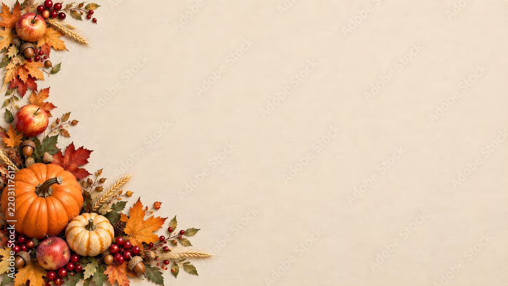 Fototapeta premium Elegant Autumn Harvest Border with Pumpkins, Apples, Acorns and Colorful Leaves