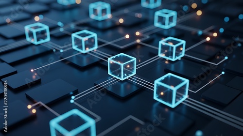 Abstract network of glowing cyan cubes connected by bright lines