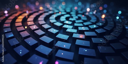 Abstract spiral of glowing geometric shapes with a dark futuristic style