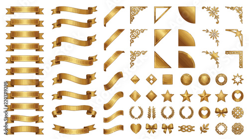 Golden ribbons and decorative elements collection featuring metallic textures for luxury design projects and elegant labels