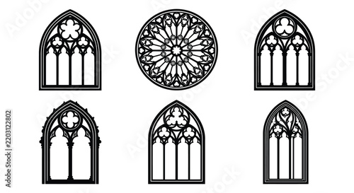 Gothic window designs showcase intricate floral ornaments in a black vector style