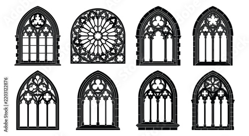 Gothic window designs showcase intricate floral ornaments in a black vector style