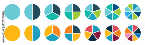 Colorful pie chart icon set, twelve circular diagrams divided into segments isolated on transparent background