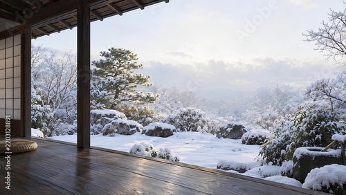 冬の朝の光が差し込む雪の積もった日本庭園と縁側（生成AI）