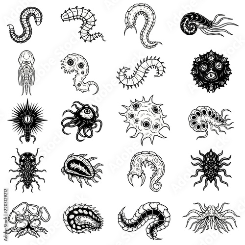 Collection of Bizarre and Alien Creatures, Monsters, and Microbes - Isolated Vector Illustrations