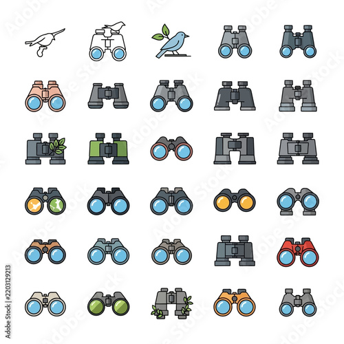Collection of Binocular Icons and Illustrations - Bird Watching, Optics, and Observation Tools