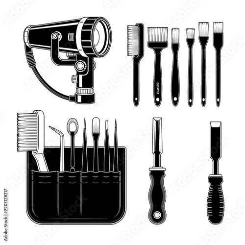 Collection of Artist Tools: Paint Brushes, Sculpting Tools, and Spotlight Isolated