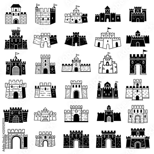 Collection of Castle Icons and Symbols - Medieval Fortifications Isolated on Transparent Background