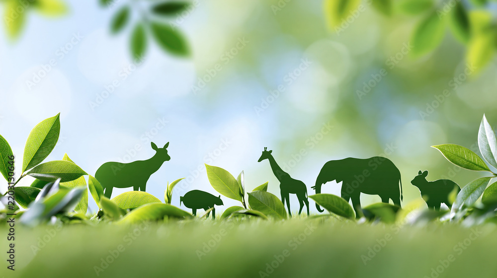 Fototapeta premium Wildlife conservation scene with animal silhouettes surrounded by leaves and natural textures, endangered species, habitat protection, biodiversity, environmental awareness,