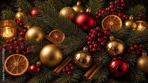 Gold and red Christmas ornaments with pine and dried orange