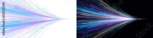 Abstract Glowing Light Trails and Fast Motion Lines on Split Black and White Background