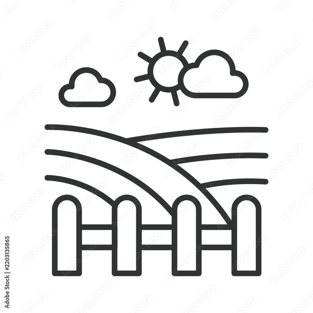 Fototapeta premium Rural landscape with fence and sun icon in line design. Farm, nature, field, sun, clouds, village, countryside, agriculture on white background vector. Rural landscape editable stroke icon