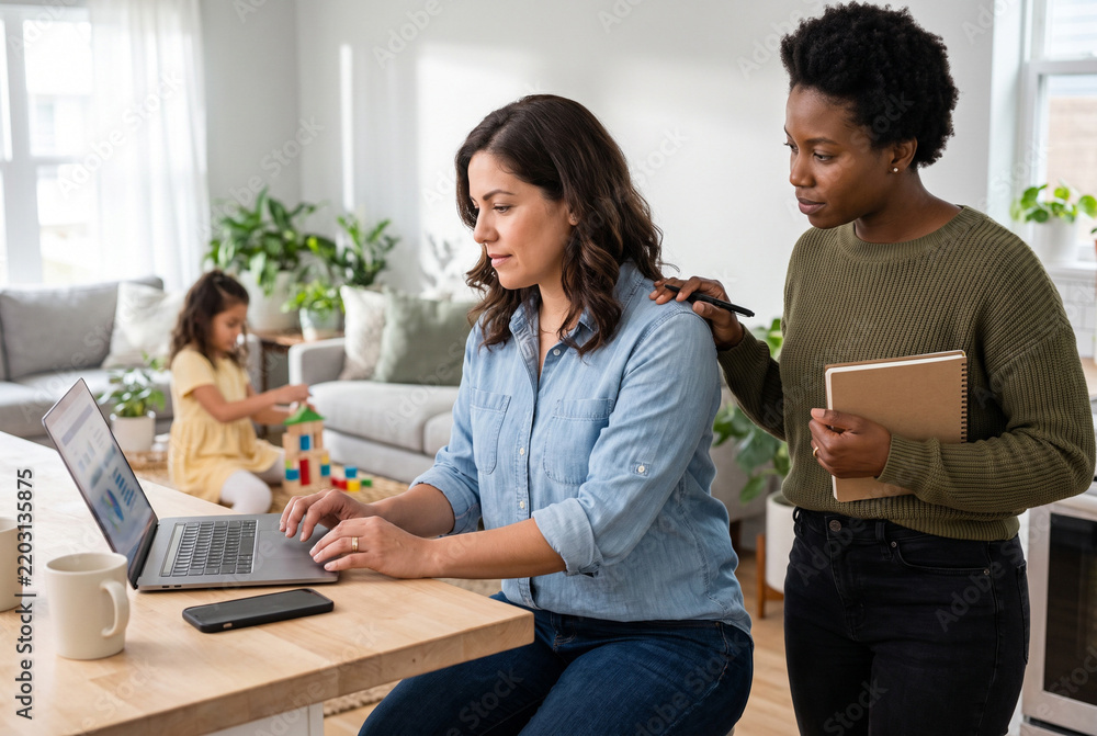 Obraz premium Two mothers planning household activities while daughter plays with blocks