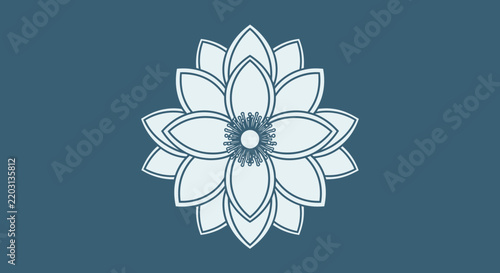 Elegant abstract lotus flower illustration in light blue on a deep teal background, minimalist design, vector art