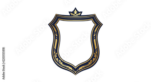 Elegant Blank Shield Emblem with Crown, Royal Crest, Heraldic Symbol, Dark Blue and Gold Ornate Design, Isolated on White Background