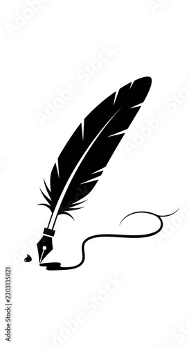 Elegant Black Quill Pen with Ink Splatter, Symbol of Writing, Literature, and Creativity