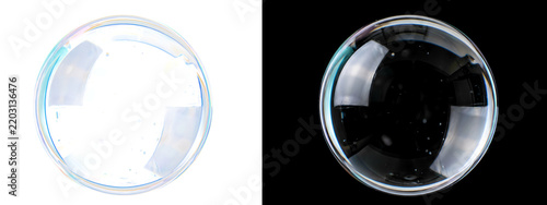 Transparent Soap Bubble and Reflective Glass Sphere on Split Black and White Background