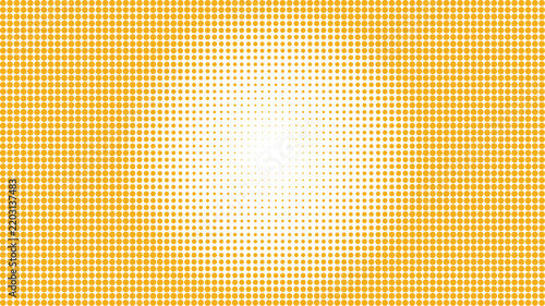 Radial halftone pattern with yellow squares and dots centered on a black background, creating a circular, gradient effect for digital