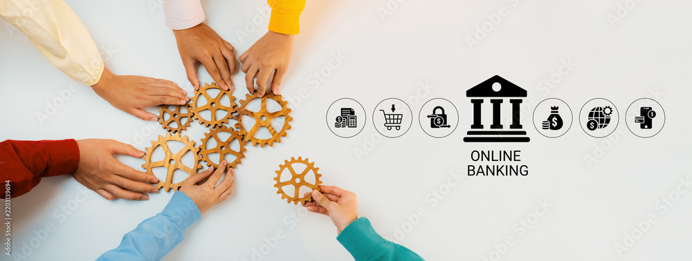 Obraz premium Collaboration in Online Banking Concept with Hands Joining Gears and Digital Banking Icons on White Background. Glyphic.